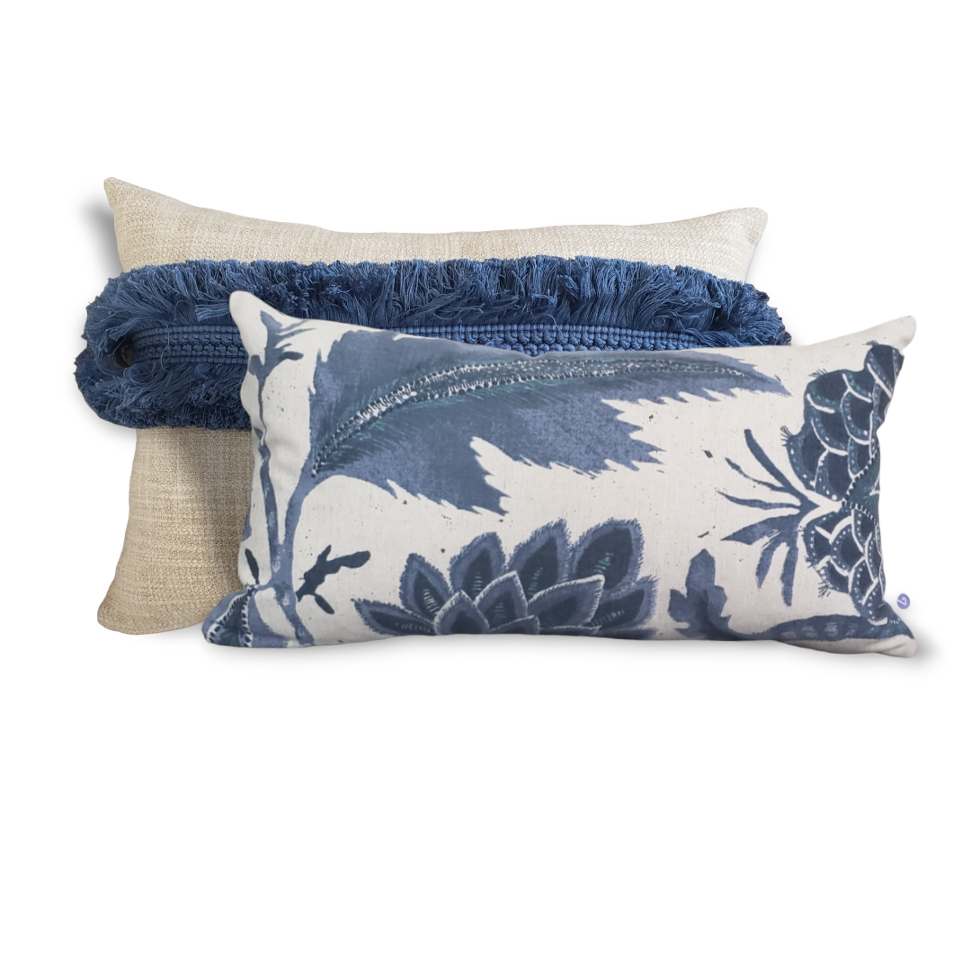 Luxury High End Royal Blue fringed Pillow.  Beige and Blue cushion Cover.