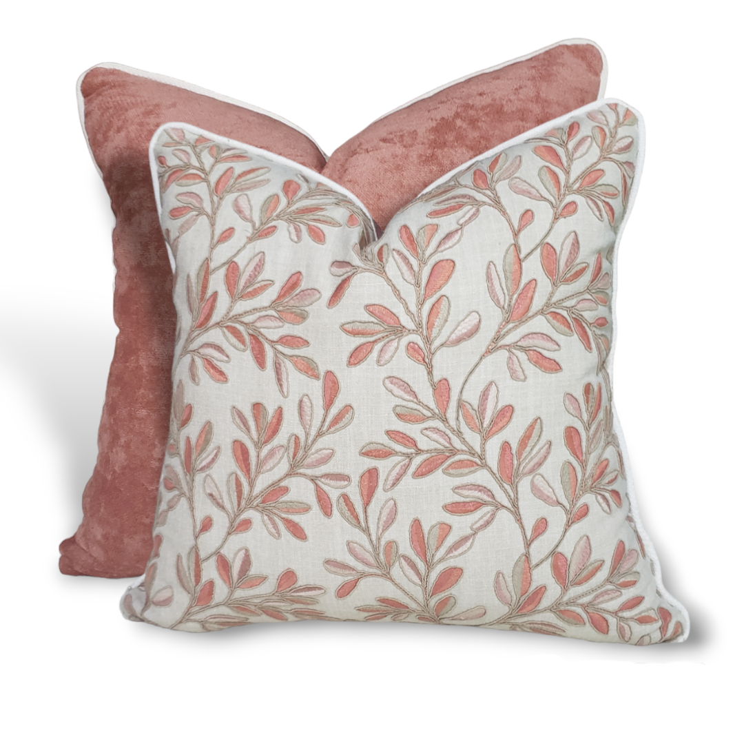 Relax and indulge in the luxurious style of this exquisite P Kaufmann throw pillow. Crafted with the elegant Leafage fabric in a coral and pink color palette, the intricate embroidery pattern is accented by the crisp white piping, creating a stunning accent piece for any space.
 
Highlights 
20x20 in 
Pillow Cover and Free insert Included .  Free local and international shipping