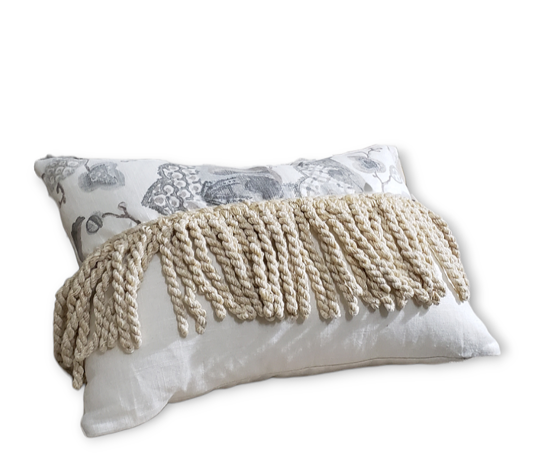 Introducing the Luxury Tasseled Lumbar P. Kaufmann Pillow Cover: a handmade cushion cover made with exclusive, high-end Kaufmann Diantha Printed Linen Blend Drapery Fabric in Grey, accented with chunky beige tassels for a luxurious and tasteful touch. Elevate your space with this unique statement piece. Pkaufman pillows