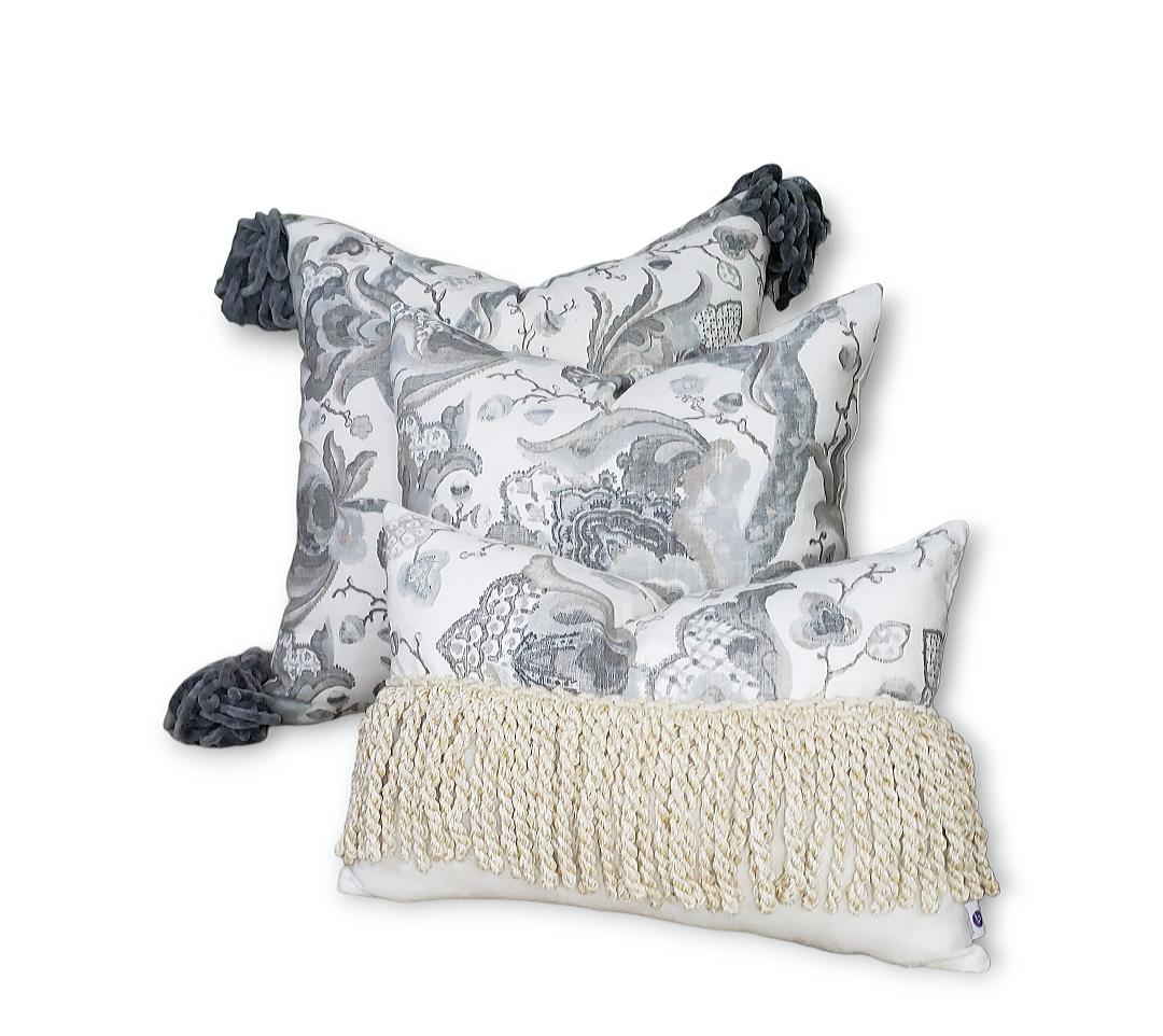 Introducing the Luxury Tasseled Lumbar P. Kaufmann Pillow Cover: a handmade cushion cover made with exclusive, high-end Kaufmann Diantha Printed Linen Blend Drapery Fabric in Grey, accented with chunky beige tassels for a luxurious and tasteful touch. Elevate your space with this unique statement piece.  Pkaufman pillows