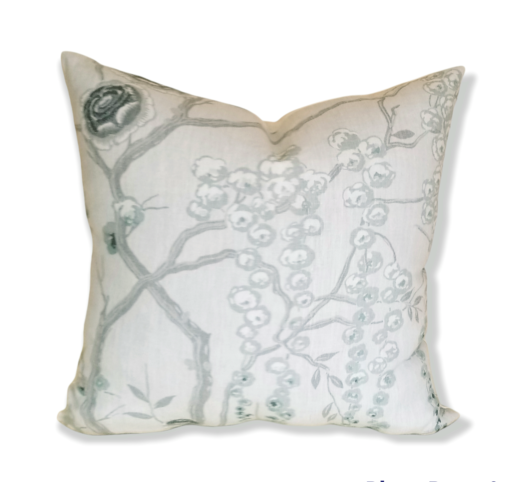 Vintage Silver Chinoiserie Luxury Designer Decorative Throw Pillow. Sarah Richardson for Kravet Peony Tree. - Advenique Home Decor