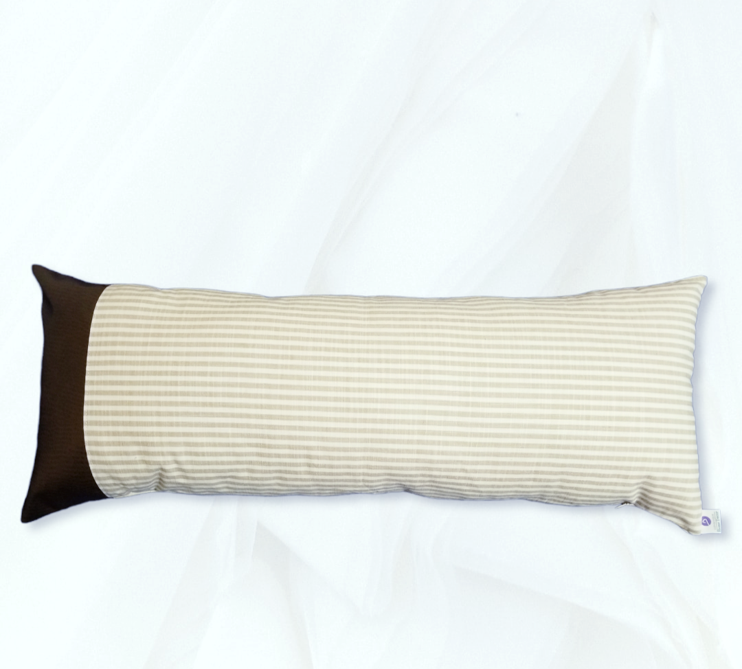 Luxury decorative Beige Stripe Pillow with brown leatherette strip.