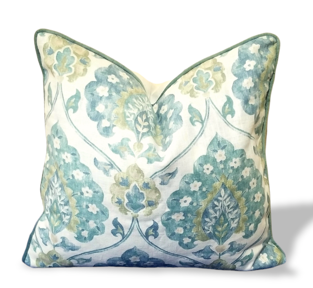 Shop our pkaufman home luxuriousc Teal Damask Designer Throw Decorative Pillow for you sectional sofa or bedroom today.  This Designer pillow, boast exquisite color such as blue, turquoise olive green and white.  These subtle yet beautiful color make this designer pillow the perfect take away.  Shop handmade designer throw pillow that are uniquely designed for you.  Shop pillows for that gray or beige  couch or accent chair and enjoy international shipping.