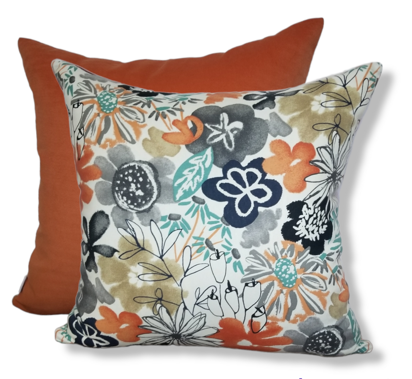 This vibrant yet relaxing designer accent pillow boasting colors such as teal, black, grey and orange.  perfect for your bedroom, livingroom or foyer.