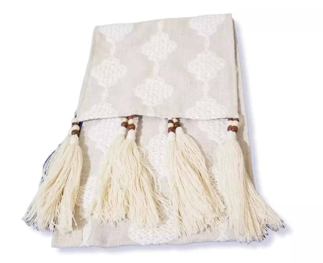 Transform your bedroom into a stylish and inviting oasis with this Beige Luxury Tribal Throw/Runner bed scarf. Crafted from P Kaufmann Jacqueline Pearl fabric and featuring an ivory embroidered fabric, this boho runner will be sure to take your space to the next level! This Fiona Kimberly design is complemented with tribal tassels and crafted from 100% linen. Elevate your décor in style with this beautiful 71x 11.5" runner!
