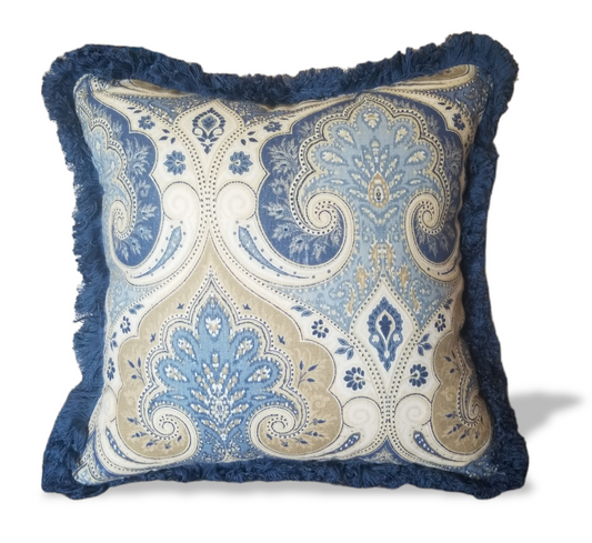 This designer throw pillow is perfect for sprucing up any living room or bedroom. Crafted from Kravet Lakita Delta indigo fabric, it features a classic Paisley pattern in muted blue and white hues to create a timeless look. The 100% linen construction ensures lasting durability and comfort, while the hidden zipper closure allows for easy removal of the pillow cover for cleaning. This designer throw pillow is sure to make a stylish impact in any setting.