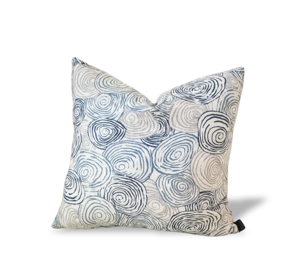 Kravet Spiro River Designer Throw Pillow Covers. Beige fabric with Whimsical Spirals in Shades of Blue and Beige. We ship internationally.  Shop Pillows for Beige sofa, Blue sectional Sofa.  Decorative pillow for Neutral Spaces,